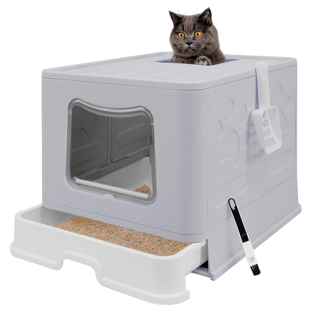 La caja Fophop XL plegable con tapa gris, vista frontal, facilita almacenamiento.