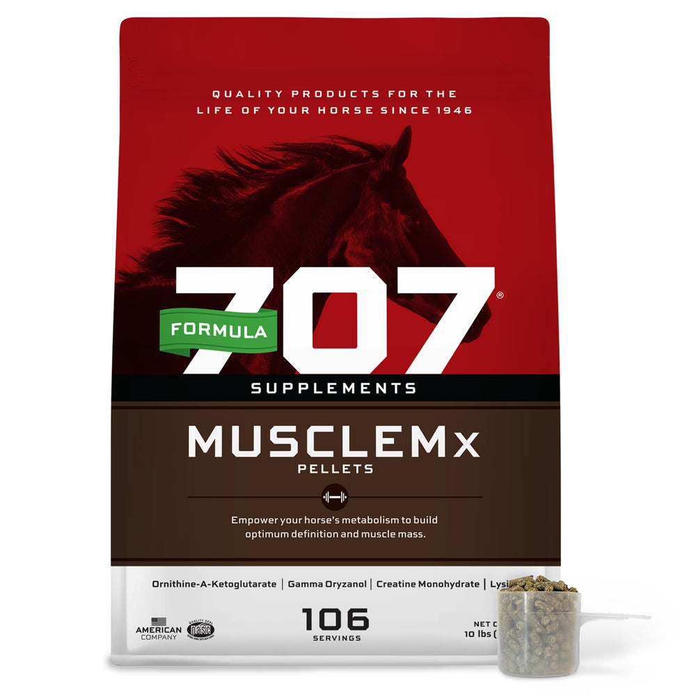 Formula 707 MuscleMx, botella de suplemento, ayuda a definir la musculatura del caballo.