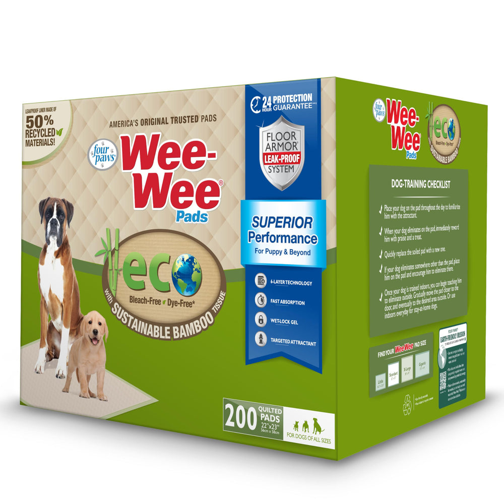 Four Paws Wee-Wee Pad de bambú, absorción eficiente y control de olores.