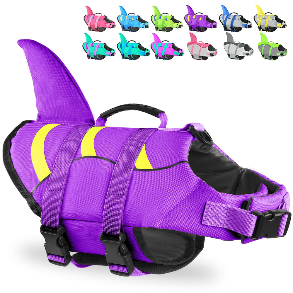 Fragralley chaleco salvavidas para perros tiburón, vista frontal, ideal para actividades acuáticas.