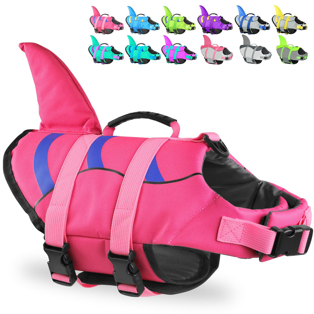 Fragralley chaleco salvavidas para perro tiburón, vista frontal, mejora flotación y visibilidad.