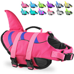 Fragralley chaleco salvavidas para perro tiburón, vista frontal, mejora flotación y visibilidad.