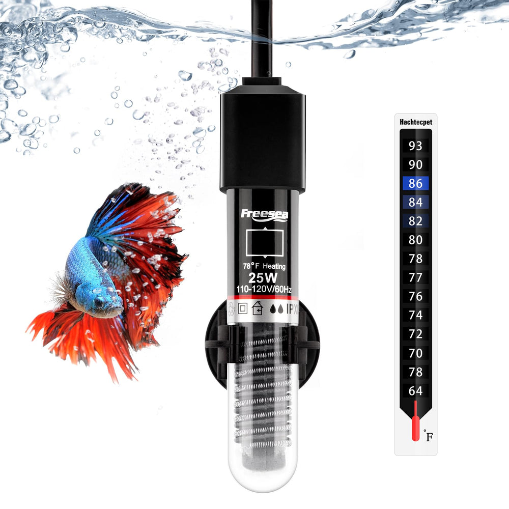 Calentador FREESEA compacto en acuario, seguro y sumergible para tanques pequeños.
