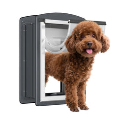 FreeStanding puerta para perros en pared Smoky Gray, duradera y segura para interiores.