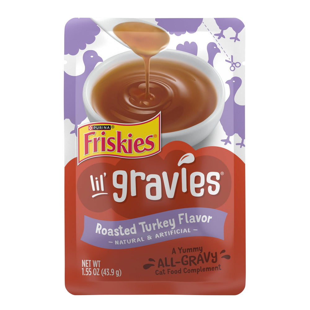 Friskies Lil' Gravies salsa de pavo asado sobre comida húmeda para más sabor