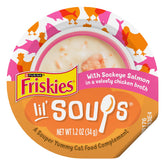 Friskies Lil' Soups salmón sockeye en caldo de pollo, taza lista para servir.