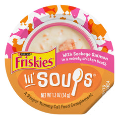 Friskies Lil' Soups salmón sockeye en caldo de pollo, taza lista para servir.