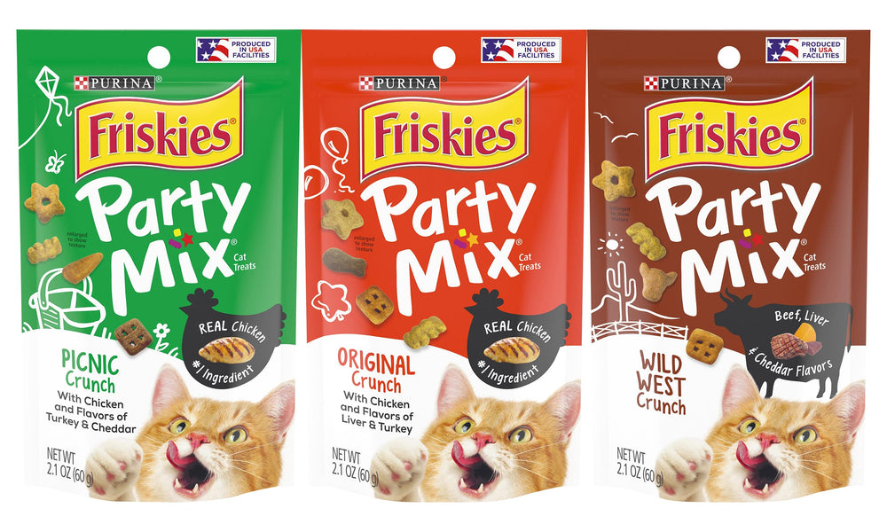 Friskies Party Mix Variedad Pack: empaque para mantener frescura y sabor.
