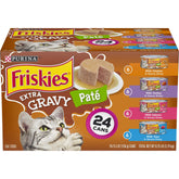 Friskies Paté Extra Gravy pollo en lata, sabor delicioso para gatos.