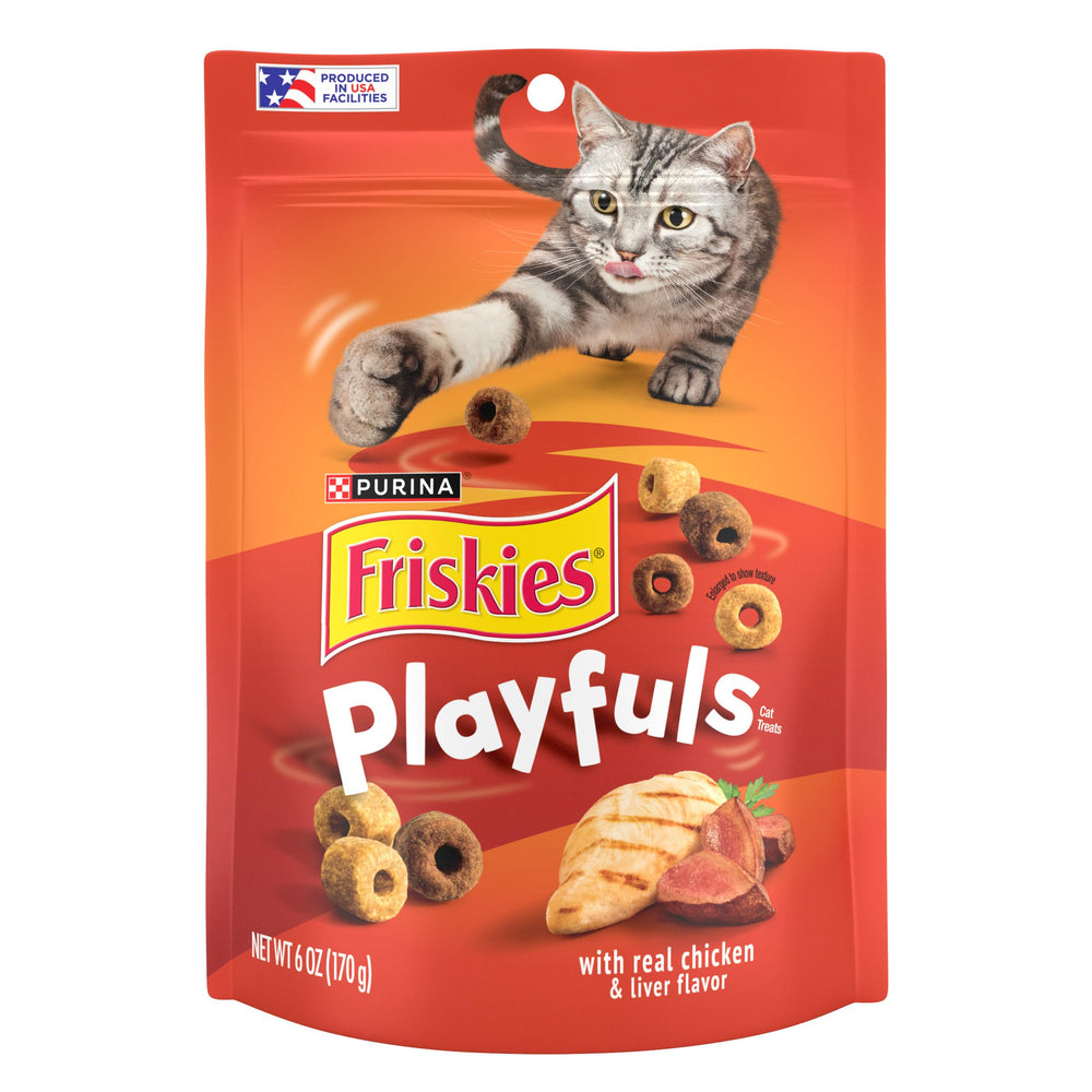 Friskies Playfuls bolsas 6oz con pollo e hígado, ideal para jugar y premiar al gato.