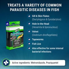 Fritz Aquatics Paracleanse: etiqueta con indicaciones y composición.
