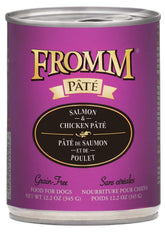 Fromm paté de salmón y pollo en lata para perros, listo para servir.