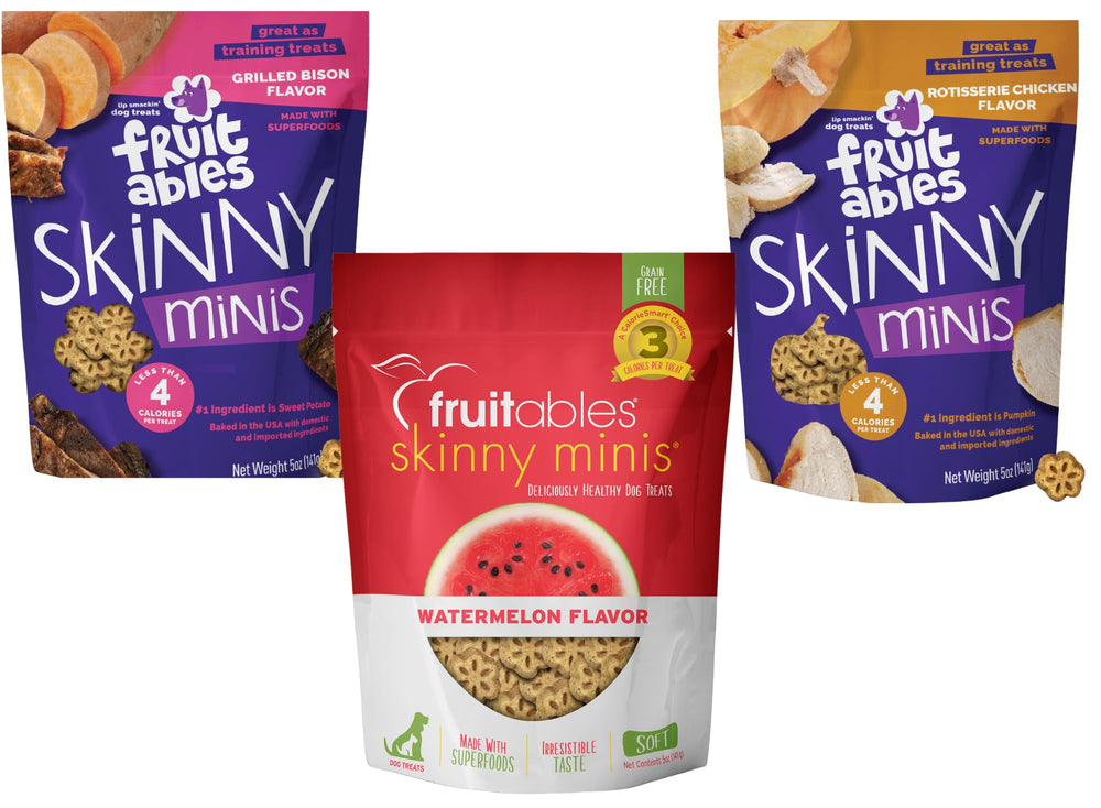 Fruitables Skinny Mini sabor pollo rostizado, premio sabroso para entrenamiento de perros.