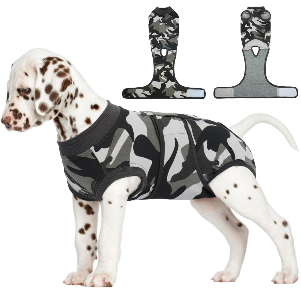 FUAMEY traje de recuperación para perros puesto, confort y libertad de movimiento sin irritación.