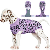 FUAMEY traje recuperación para perros, vista frontal morado leopardo, evita lamer heridas.