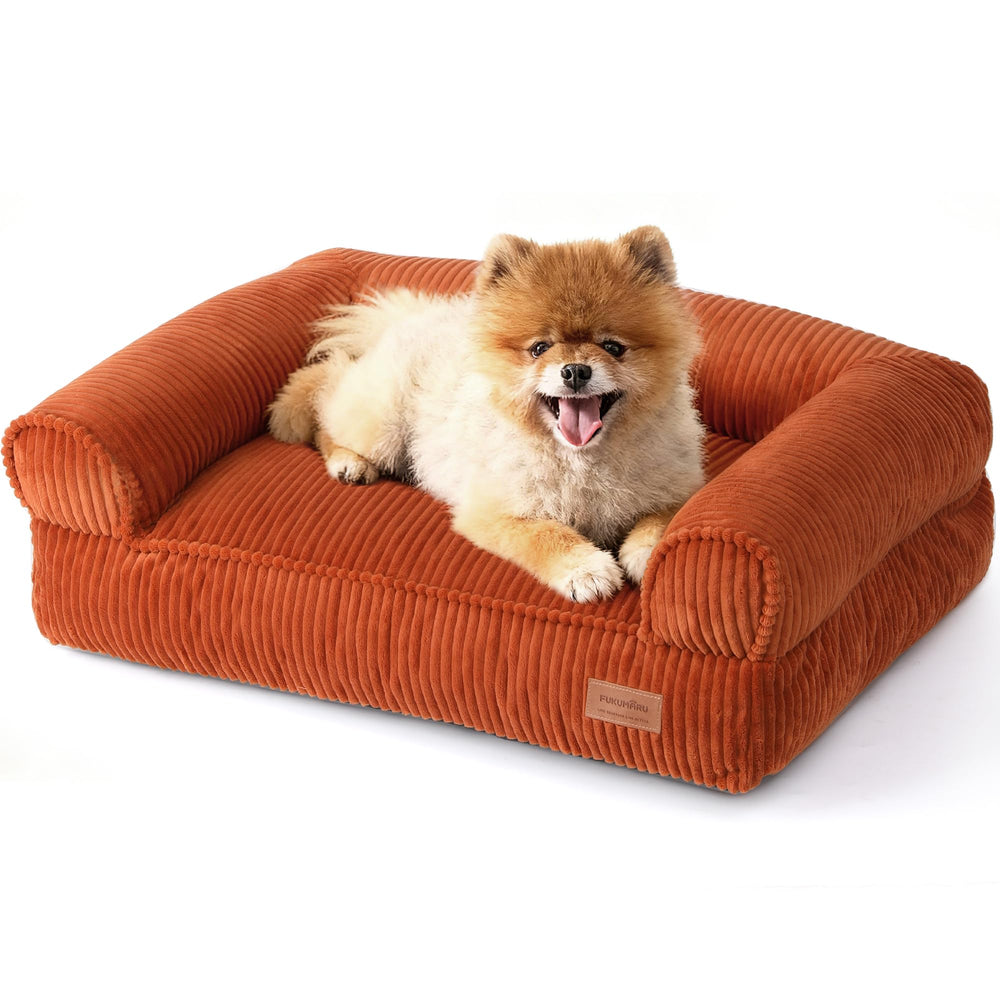 FUKUMARU cama perro tela de pana naranja, tacto cálido ideal para días fríos.