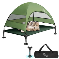 Cama Furggis elevada con techo y sombra, ideal para descansar al aire libre.