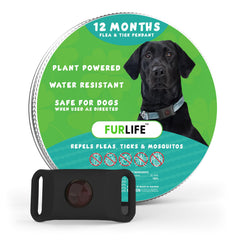Etiqueta FurLife para perros impermeable, ideal para paseos y aventuras al aire libre.
