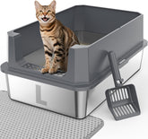Bandeja Furtime de acero inoxidable con tapa alta, ideal para gatos grandes.