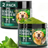 Fuzzycare polvo dental para perros, paquete frente, ayuda a mantener el aliento fresco.