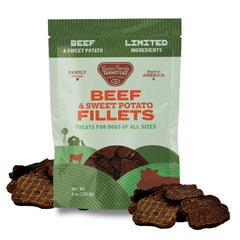 GAINES FAMILY FARMSTEAD filetes de res y patata dulce, snack natural para perros activos.