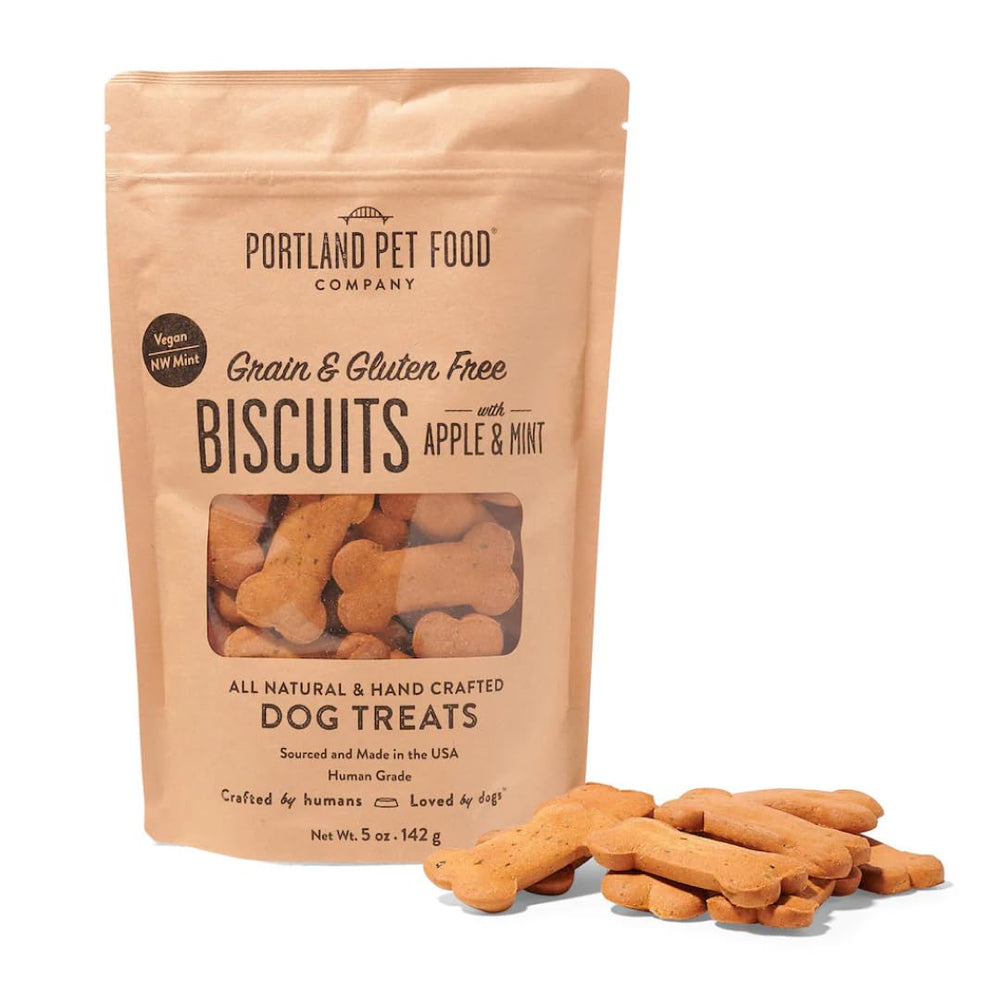 Portland Pet Food Company galletas manzana-menta en empaque, snack sabroso para perros.