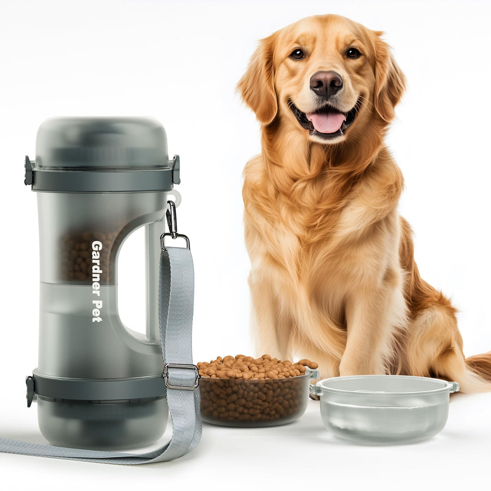 Gardner Pet: botella-agua-perro-portátil dos-en-uno para caminatas.