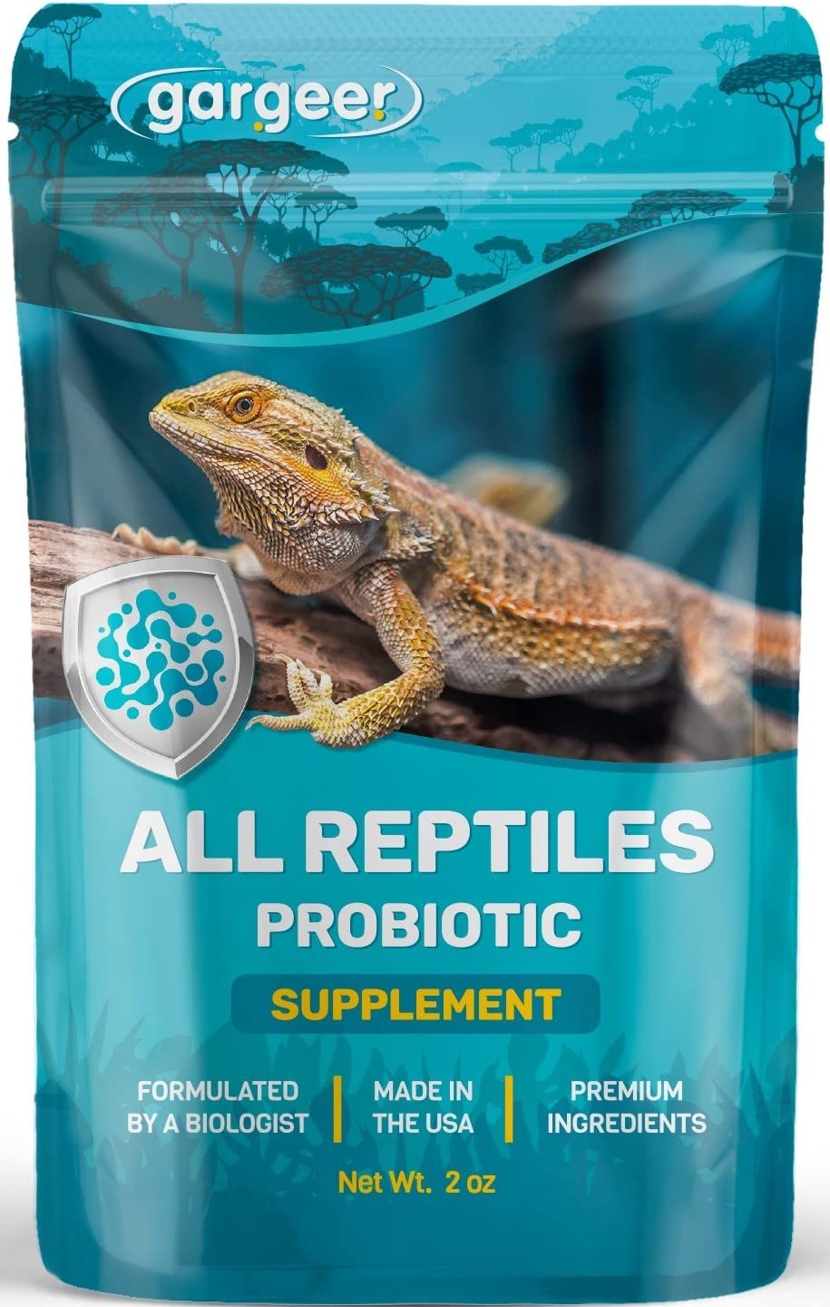 Gargeer Reptile Probiotics frasco que apoya la salud intestinal de reptiles.