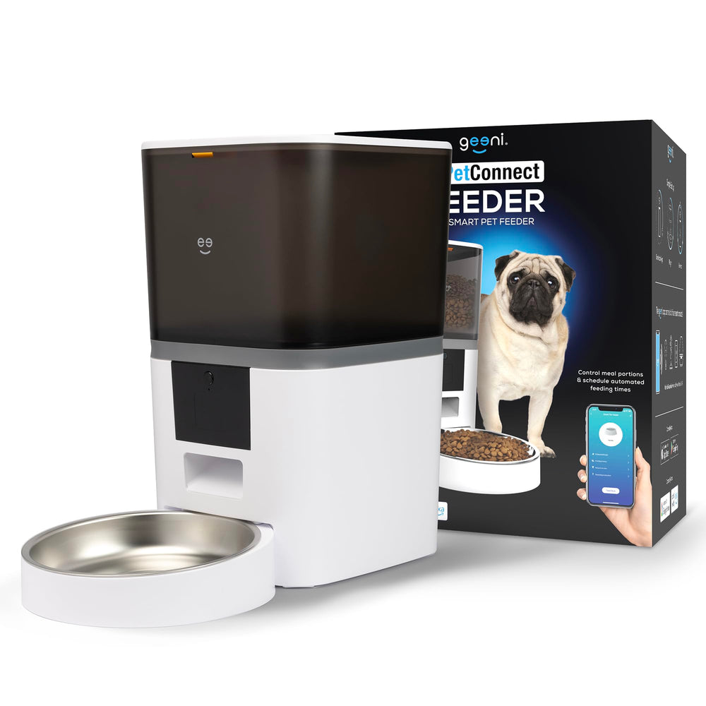 Geeni alimentador inteligente 6L frontal, ideal para comidas puntuales de mascotas.