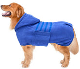 Geyecete bata secado para perro con capucha azul, cómoda y absorbente.