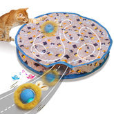 Giociv bola interactiva para gato, rodando en bolsa azul, entretenimiento activo en casa.