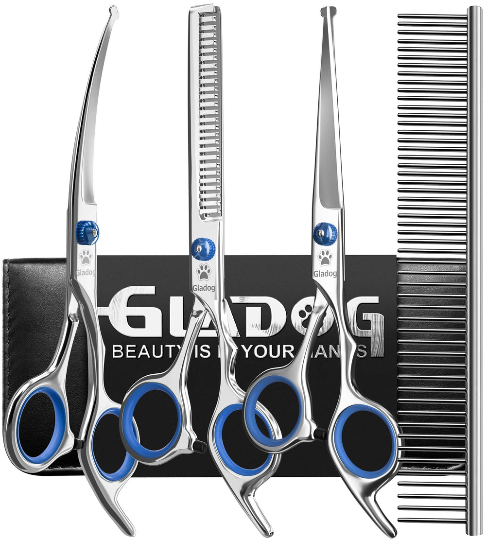 GLADOG tijeras profesionales 5 en 1 con puntas redondas para seguridad durante el cuidado del pelaje.