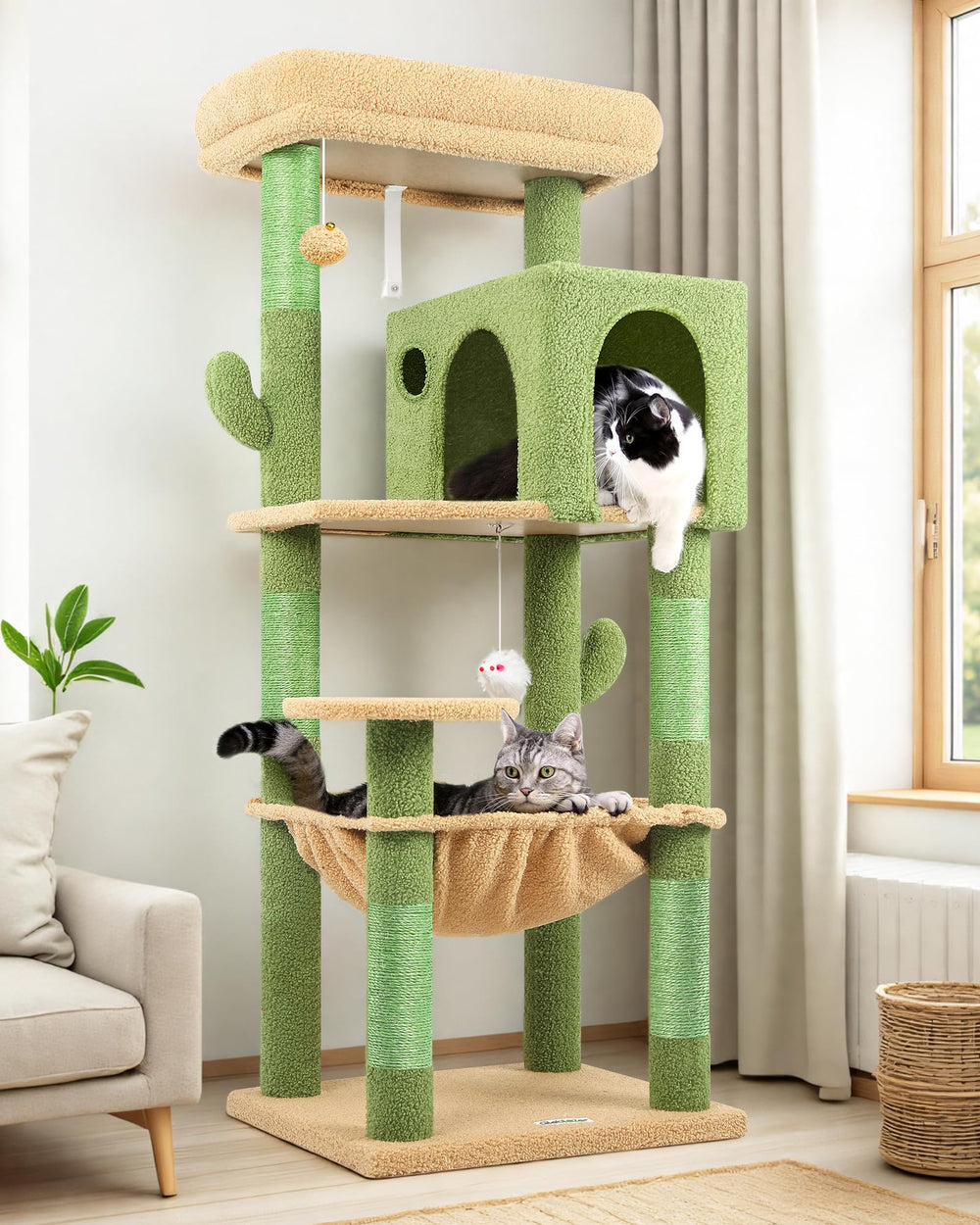 Globlazer arbol-gato cactus torre 53pulgadas, tapizado verde y marrón; favorece juego y descanso.
