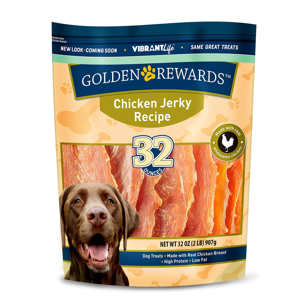 Golden Rewards tiras deshidratadas de pollo para perro, pack de dos, ideal como premio de entrenamiento.