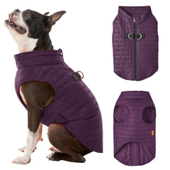 Gooby chaleco puffer uva, vista frontal, ideal para paseos diarios en tiempo frío.