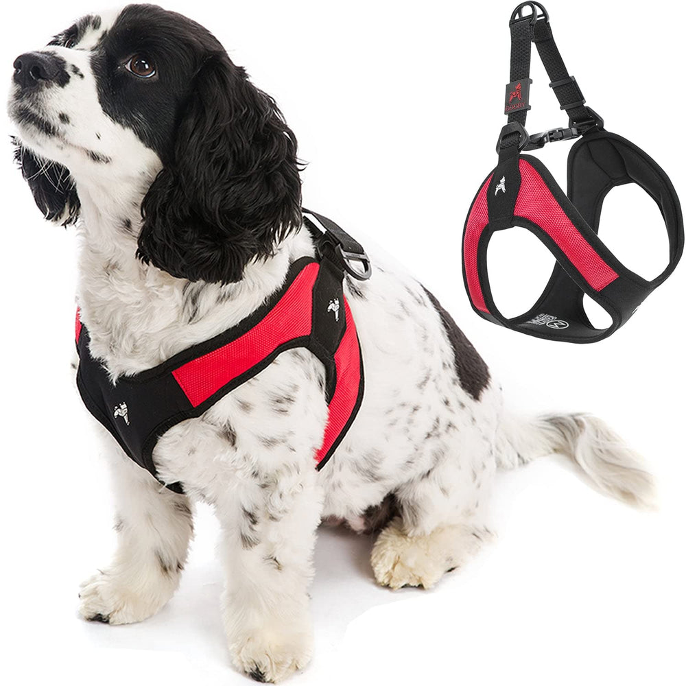 Arnés Gooby Escape Free Easy Fit para perro pequeño en rojo, cómodo para paseos diarios.