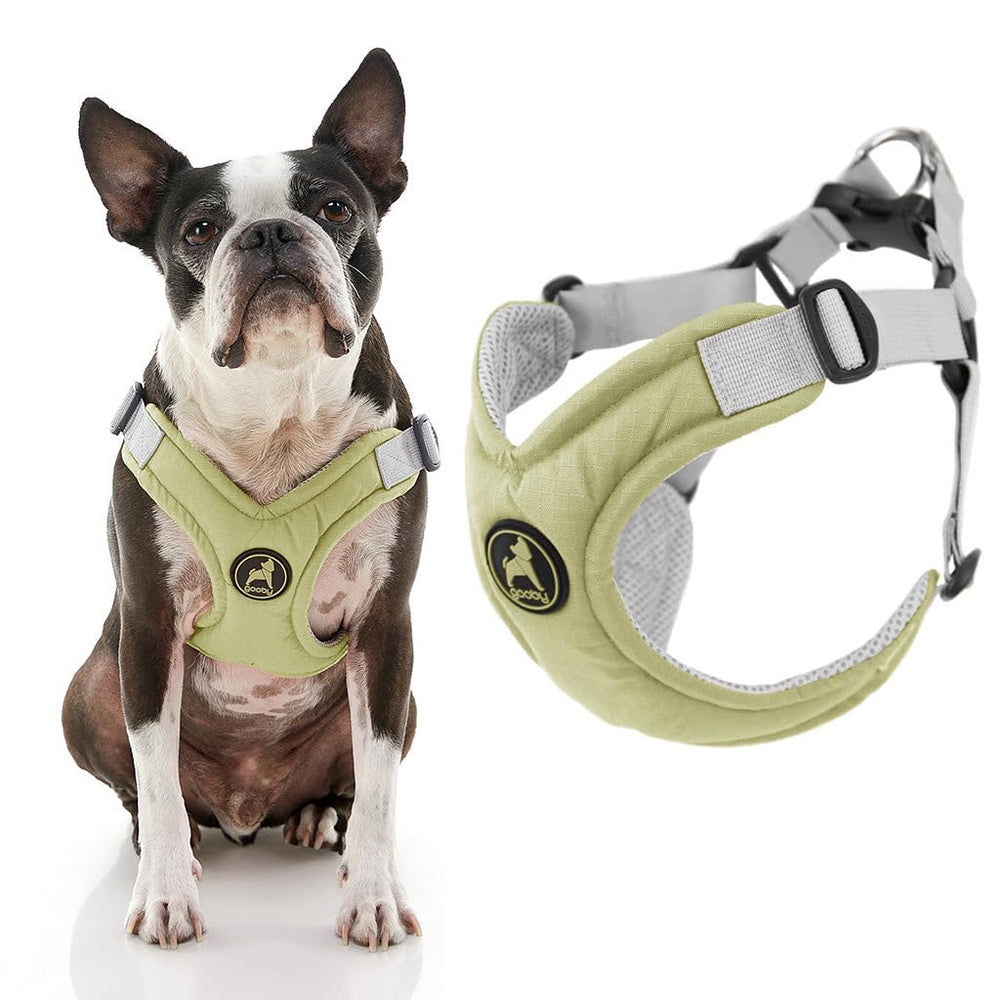 Gooby Memory Foam Step-In Harness verde, ajuste cómodo para paseos diarios con control.
