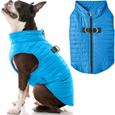 Gooby Puffer Vest azul frontal: ligero y cómodo para paseos diarios.