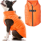 Gooby Puffer Vest para perro vista frontal naranja grande, ligero y cómodo para paseos diarios.