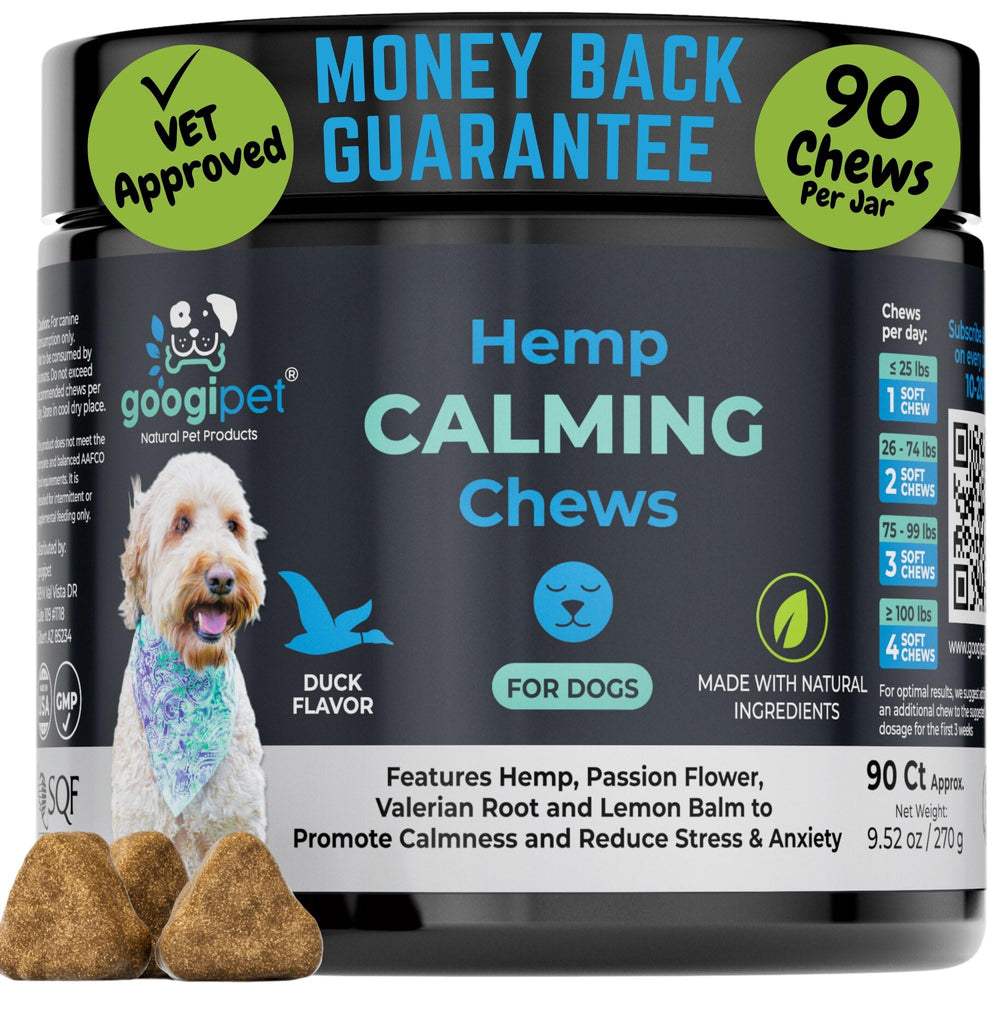 GOOGIPET Daily Hemp Calming Chews en envase, calma natural para perros.