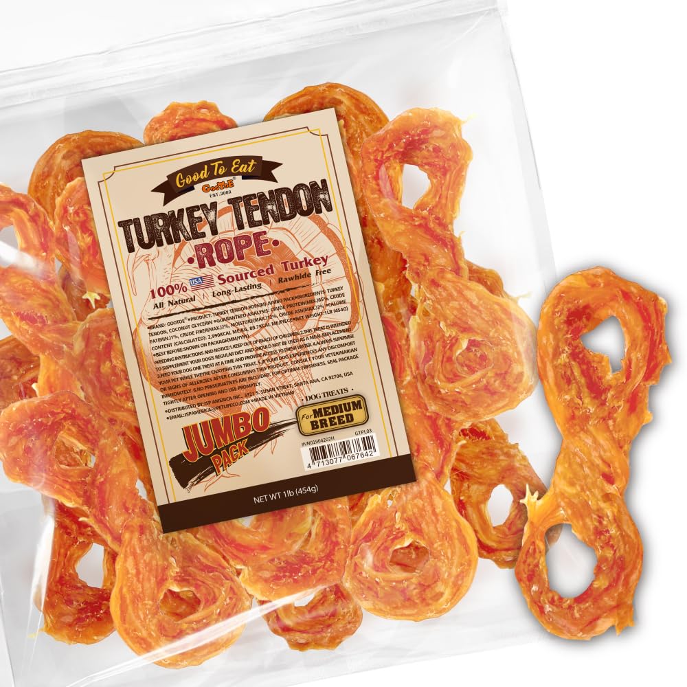 Gootoe tendones de pavo para perros, masticables duraderos para sesiones de juego prolongadas.