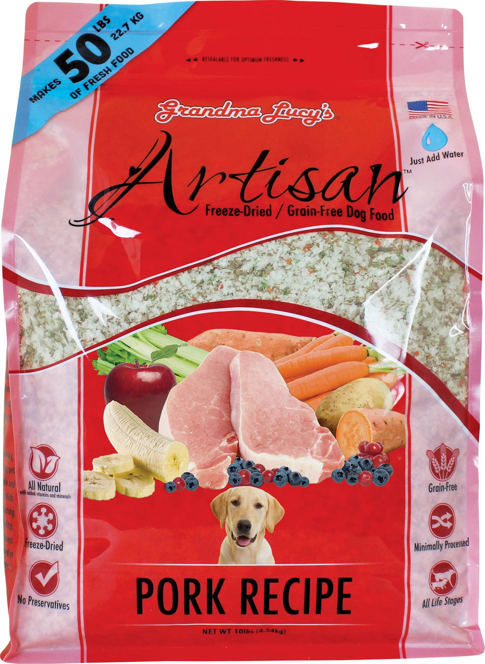 Grandma Lucy's cerdo liofilizado en trozos sabrosos para perros.