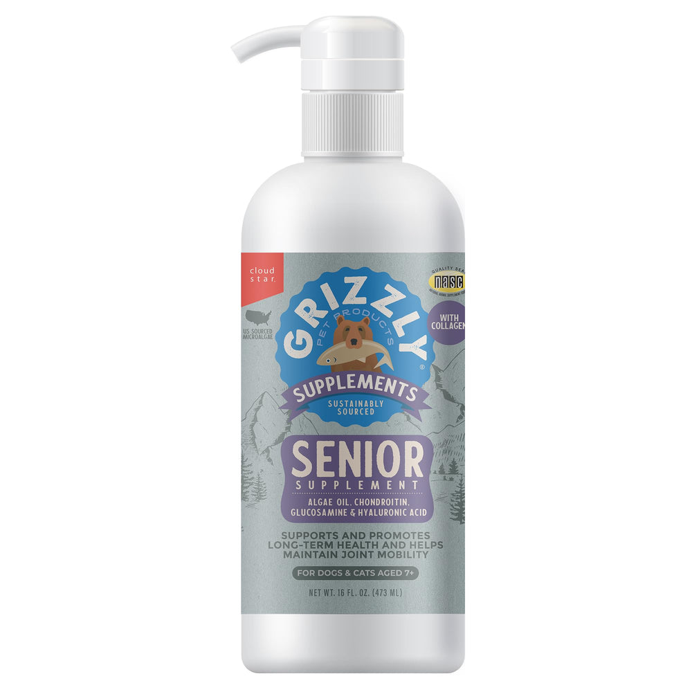 Grizzly Life Stage Liquid, dosificador visible, facilita el apoyo diario a la movilidad de su mascota.