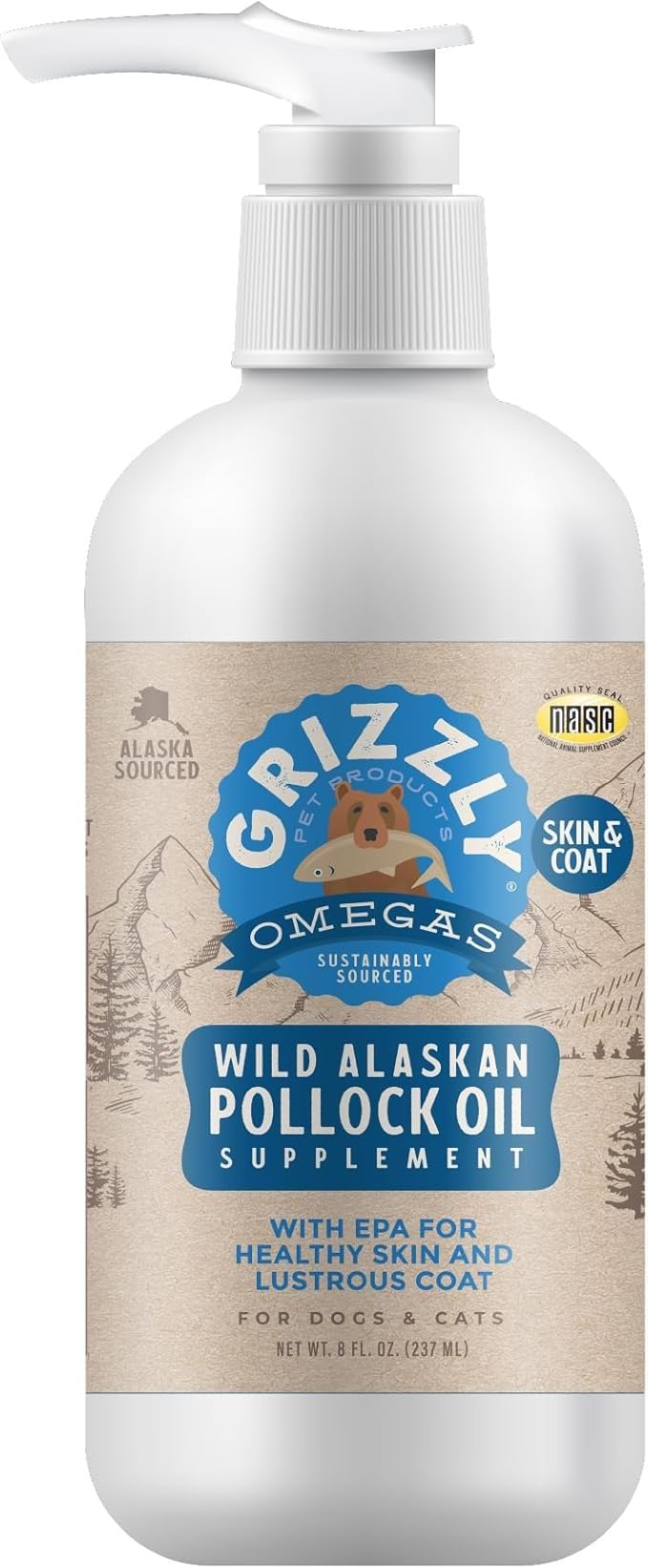 GRIZZLY Pollock Oil botella con bomba para verter sobre la comida de perros