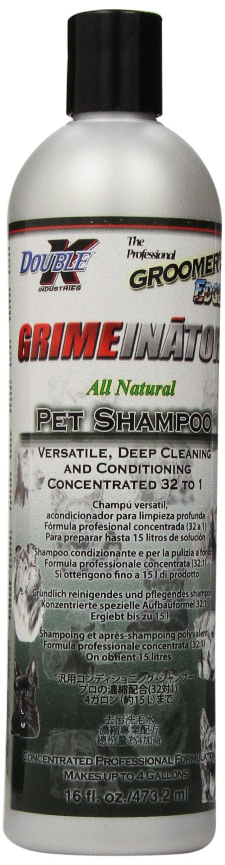 Groomer's Edge Grimeinator, botella de shampoo concentrado de 16 onzas para limpieza profunda.