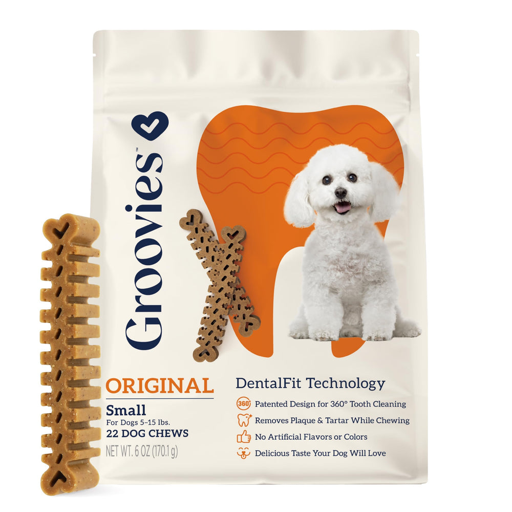 Groovies masticables dentales flexibles para perros, limpieza dental mejorada con surcos patentados.