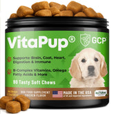 Guardian's Choice VitaPup botella y masticables para apoyo diario al crecimiento.