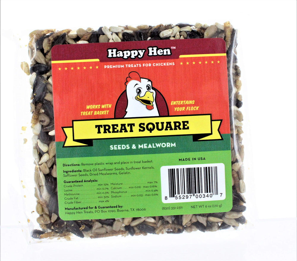 Happy Hen Treats: empaque cuadrado de 6 oz con gusano de harina y semillas para aves