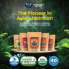 Harrison's Bird Foods Alta Potencia Pimienta, primeros planos de granos orgánicos visibles.