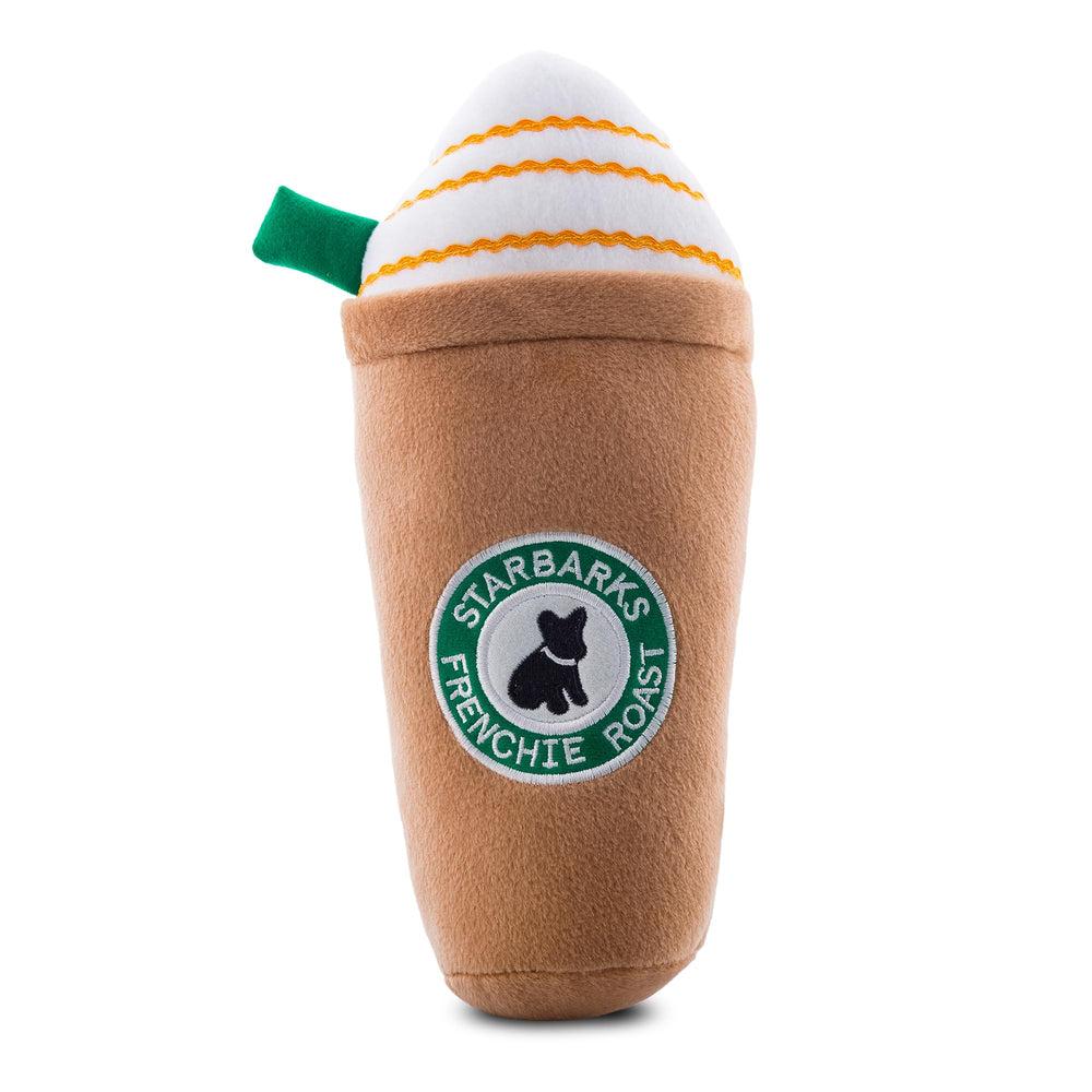 Starbarks Frappawcino de Haute Diggity Dog, peluche marrón con silbato para juego interactivo.